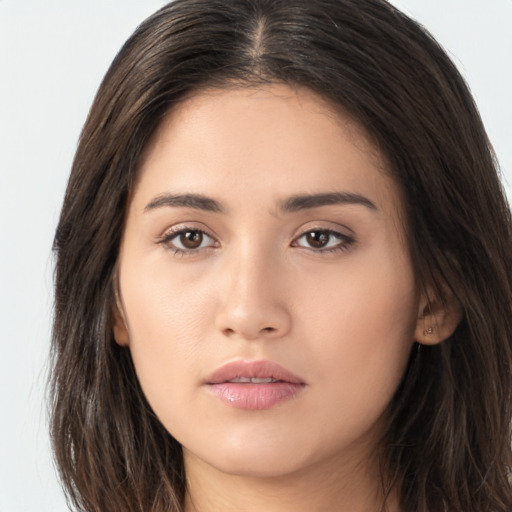 Neutral asian young-adult female with long  brown hair and brown eyes