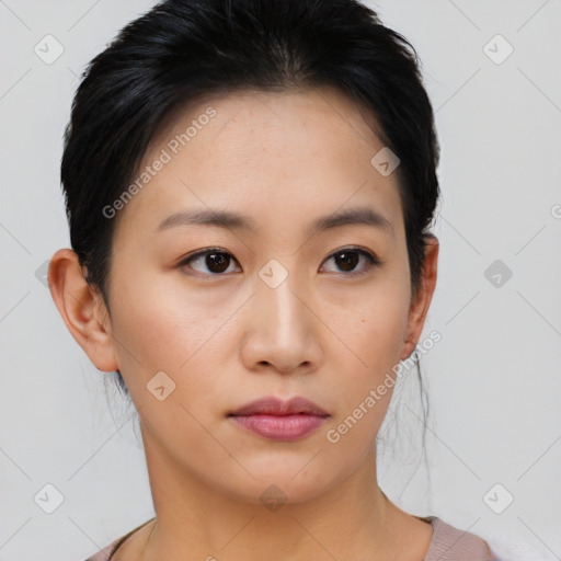 Neutral asian young-adult female with short  black hair and brown eyes