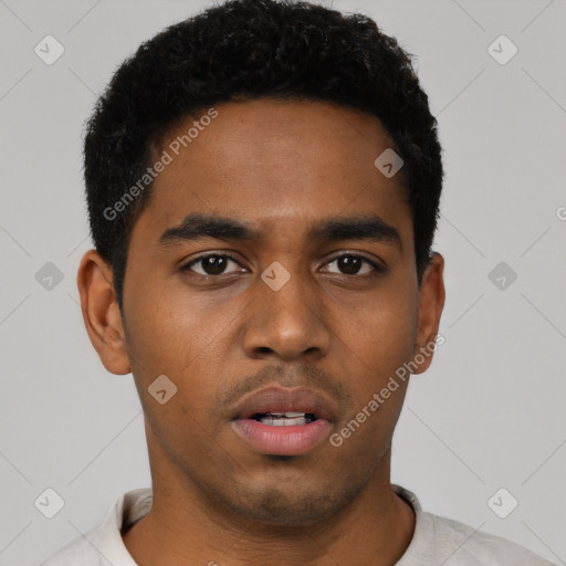 Neutral black young-adult male with short  black hair and brown eyes