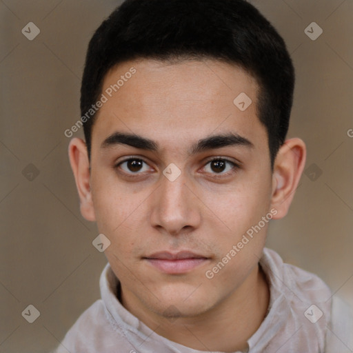 Neutral white young-adult male with short  brown hair and brown eyes