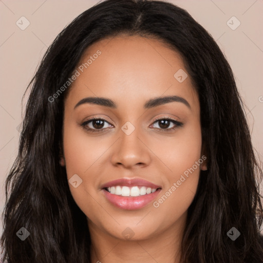 Joyful latino young-adult female with long  black hair and brown eyes