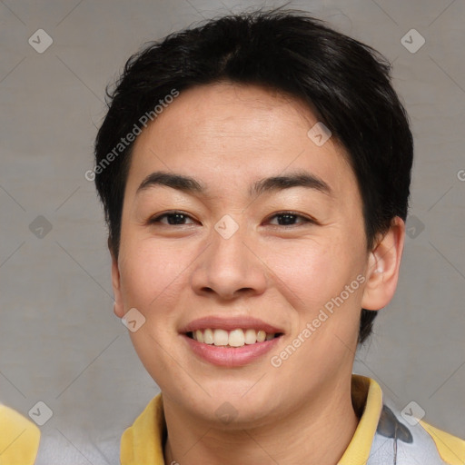 Joyful asian young-adult female with short  brown hair and brown eyes