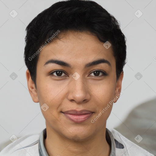 Joyful latino young-adult female with short  brown hair and brown eyes