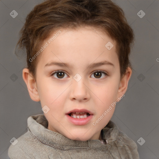 Joyful white child female with short  brown hair and brown eyes