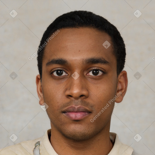 Neutral latino young-adult male with short  black hair and brown eyes