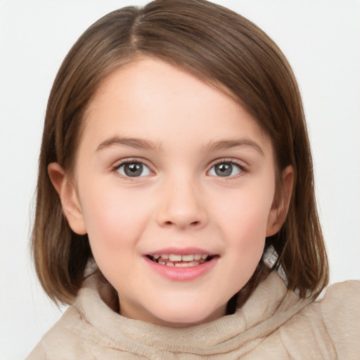 Joyful white child female with medium  brown hair and grey eyes