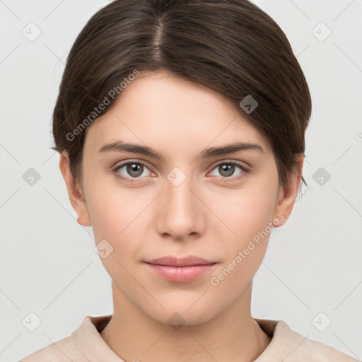 Neutral white young-adult female with short  brown hair and brown eyes