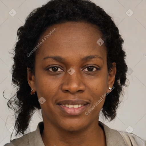 Joyful black young-adult female with long  brown hair and brown eyes