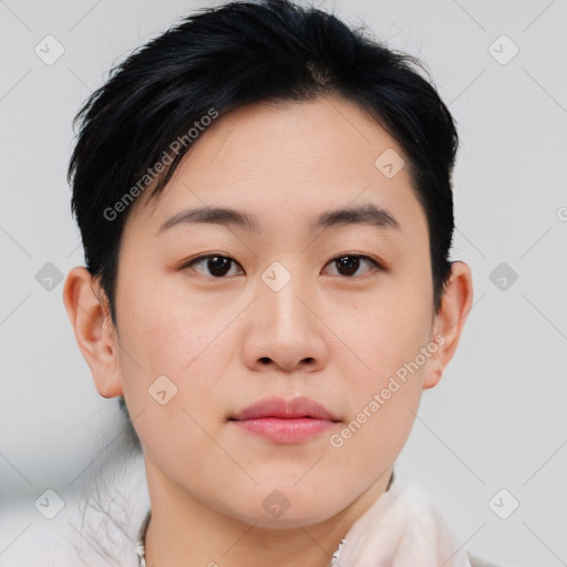 Neutral asian young-adult female with short  black hair and brown eyes