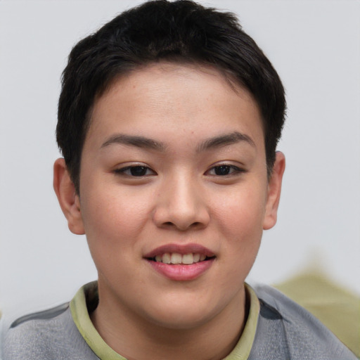Joyful asian young-adult female with short  brown hair and brown eyes