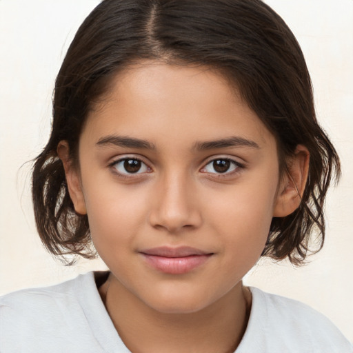 Joyful white child female with medium  brown hair and brown eyes