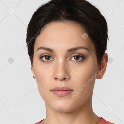 Neutral white young-adult female with short  brown hair and brown eyes