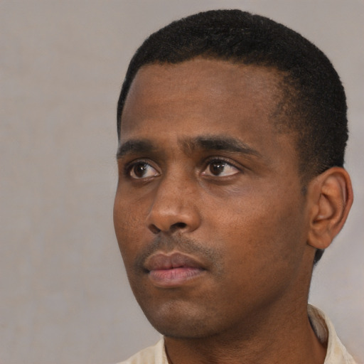 Neutral black young-adult male with short  black hair and brown eyes