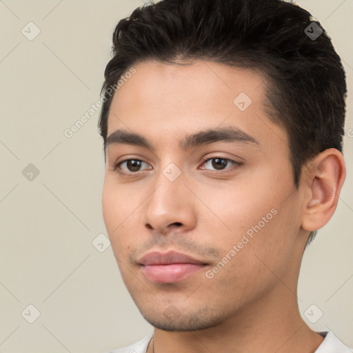 Neutral white young-adult male with short  black hair and brown eyes