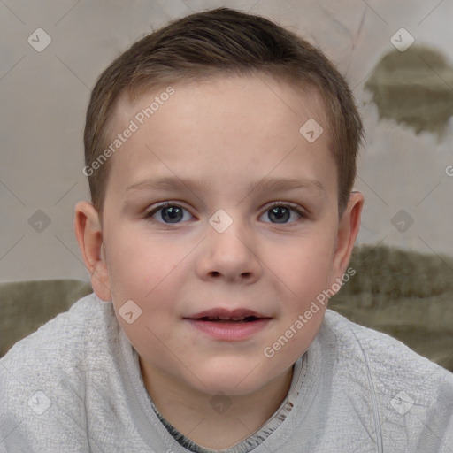 Joyful white child female with short  brown hair and brown eyes