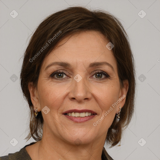 Joyful white adult female with medium  brown hair and grey eyes