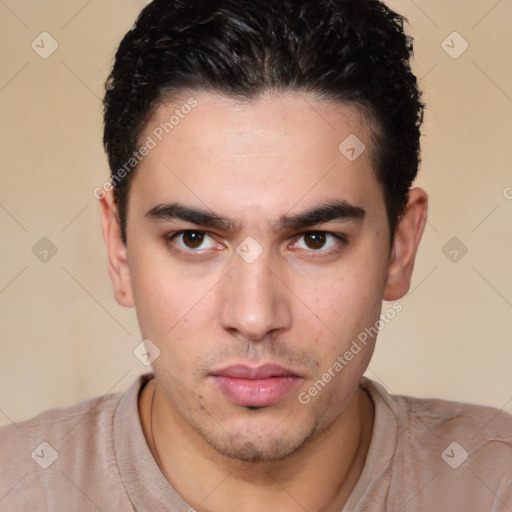 Neutral white young-adult male with short  brown hair and brown eyes