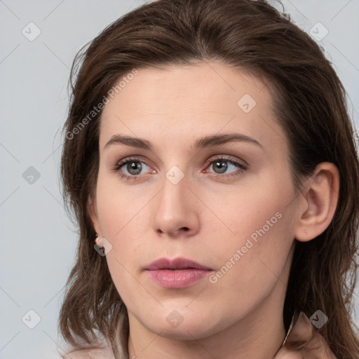 Neutral white young-adult female with medium  brown hair and grey eyes