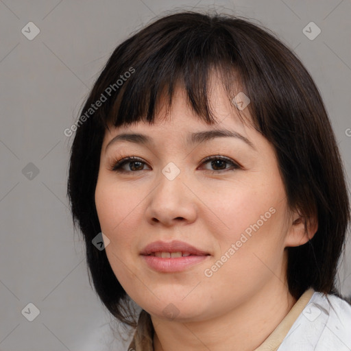 Neutral white young-adult female with medium  brown hair and brown eyes