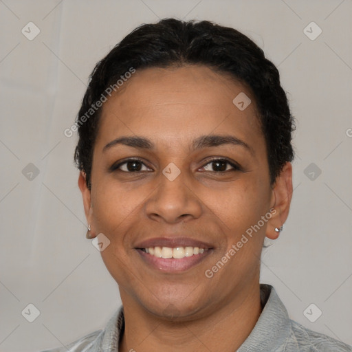 Joyful latino young-adult female with short  brown hair and brown eyes