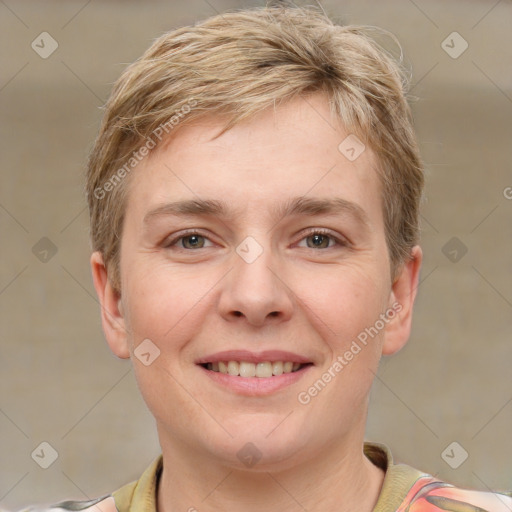 Joyful white young-adult female with short  brown hair and grey eyes