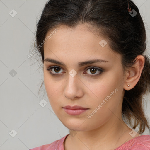 Neutral white young-adult female with medium  brown hair and brown eyes