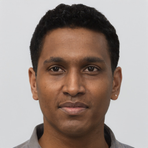 Neutral black young-adult male with short  black hair and brown eyes