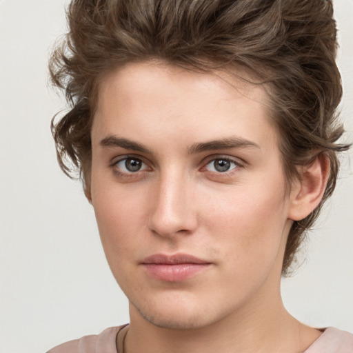 Neutral white young-adult female with short  brown hair and brown eyes