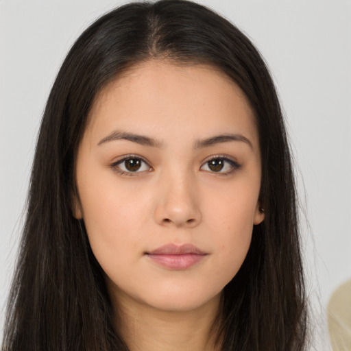 Neutral asian young-adult female with long  brown hair and brown eyes