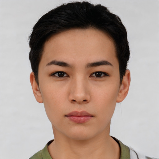 Neutral asian young-adult female with short  black hair and brown eyes