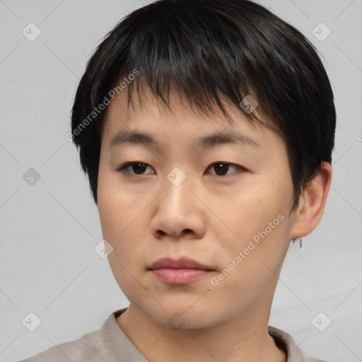 Neutral asian young-adult male with short  black hair and brown eyes