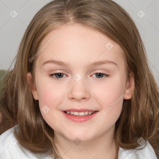 Joyful white child female with medium  brown hair and brown eyes