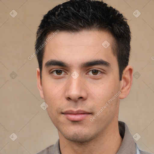 Neutral asian young-adult male with short  black hair and brown eyes