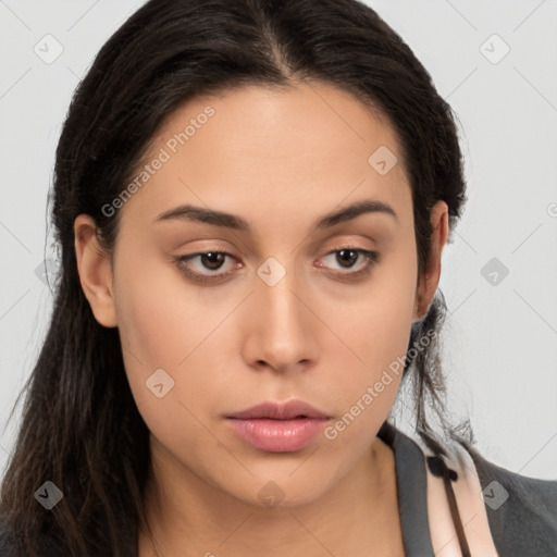 Neutral white young-adult female with long  brown hair and brown eyes