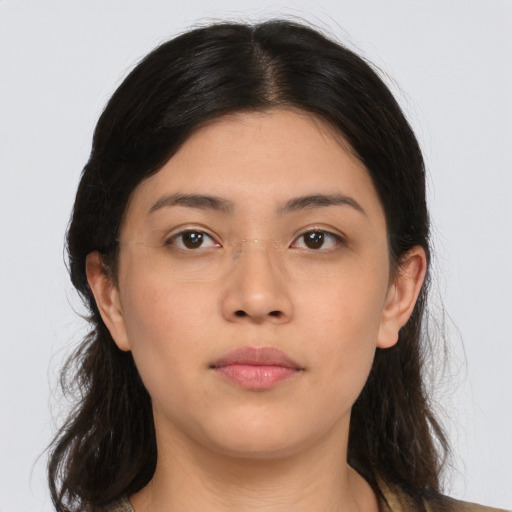 Neutral asian young-adult female with medium  brown hair and brown eyes