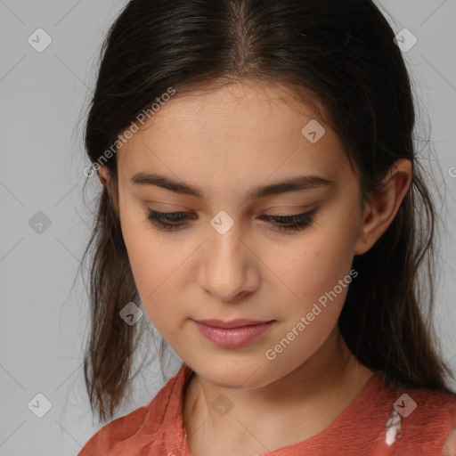 Neutral white young-adult female with medium  brown hair and brown eyes