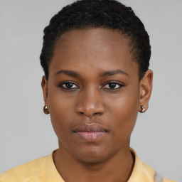 Neutral black young-adult female with short  black hair and brown eyes