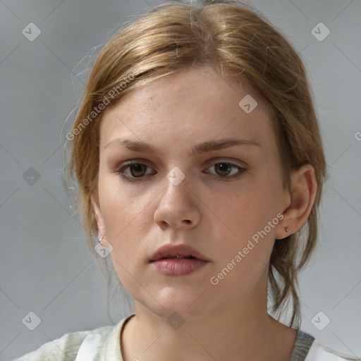 Neutral white young-adult female with medium  brown hair and brown eyes