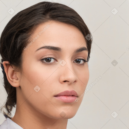 Neutral white young-adult female with medium  brown hair and brown eyes