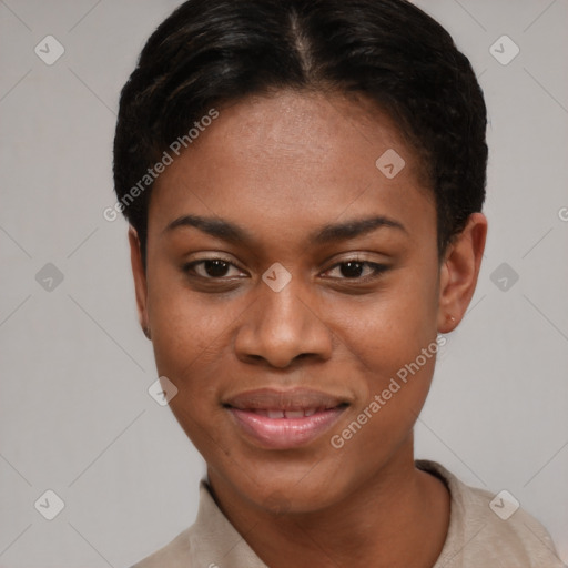 Joyful black young-adult female with short  black hair and brown eyes