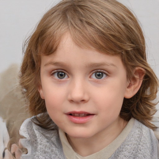 Neutral white child female with medium  brown hair and blue eyes