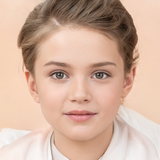 Joyful white child female with medium  brown hair and brown eyes