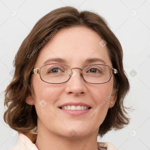 Joyful white adult female with medium  brown hair and blue eyes