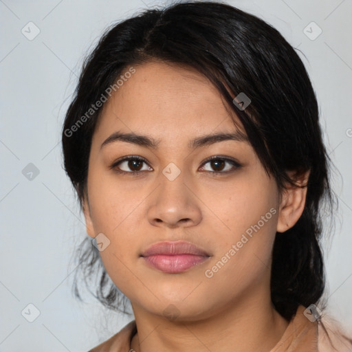 Neutral asian young-adult female with medium  black hair and brown eyes