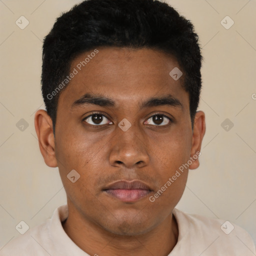 Neutral black young-adult male with short  black hair and brown eyes