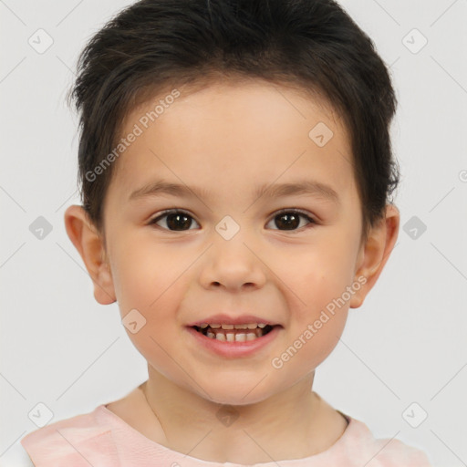 Joyful white child male with short  brown hair and brown eyes