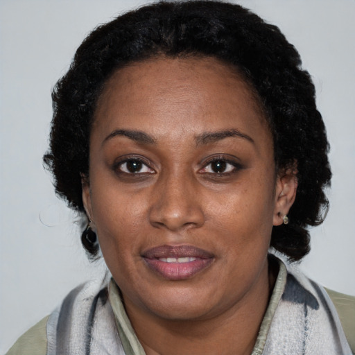 Joyful black adult female with medium  black hair and brown eyes