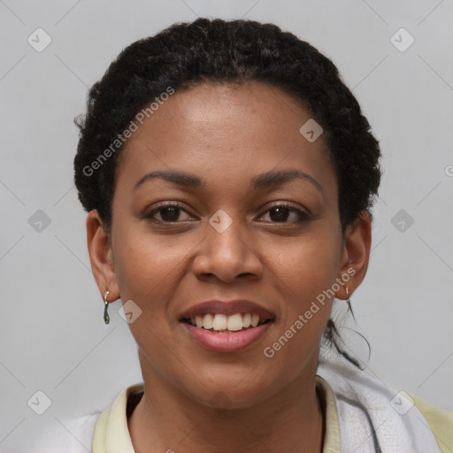 Joyful latino young-adult female with short  brown hair and brown eyes