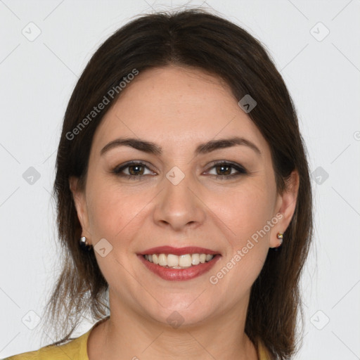 Joyful white young-adult female with medium  brown hair and brown eyes