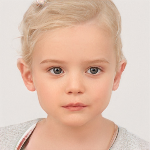 Neutral white child female with short  blond hair and blue eyes